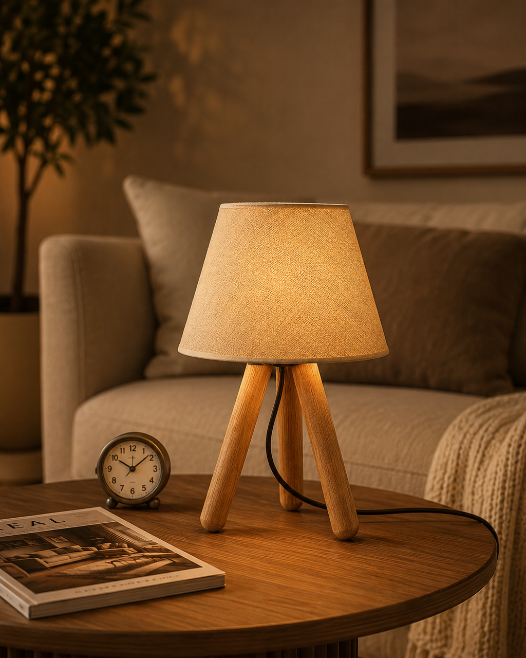 Ahşap Ayaklı Kumaş Başlıklı Abajur 32 cm – Kum Beji Dekoratif Masa Lambası