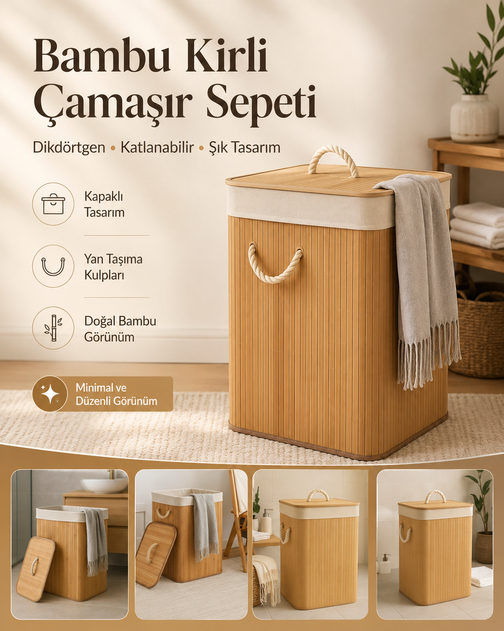 Bambu Katlanabilir Kirli Çamaşır Sepeti – Kapaklı ve Kumaş İç Hazneli Dekoratif Sepet