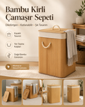 Bambu Katlanabilir Kirli Çamaşır Sepeti – Kapaklı ve Kumaş İç Hazneli Dekoratif Sepet