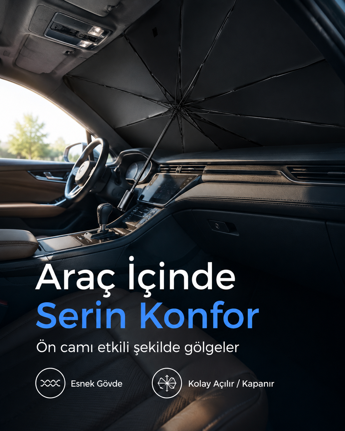 Katlanabilir Araba Ön Cam Güneşliği – Şemsiye Tipi Araç İçi Gölgelik