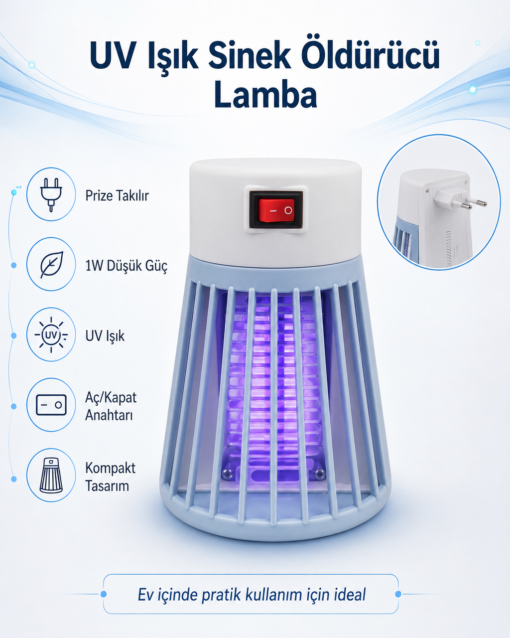 Prize Takılan UV Işıklı Sinek Öldürücü Lamba 1W – Kompakt Elektrikli Haşere Kovucu