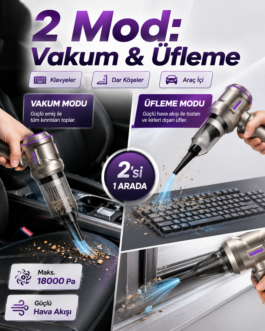 Çok Amaçlı Kablosuz Mini El Süpürgesi – Vakum ve Üfleme Özellikli Portatif Araç, Ev ve Ofis Süpürgesi
