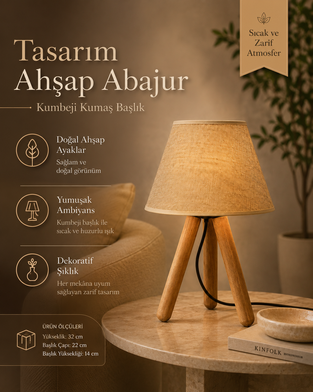 Ahşap Ayaklı Kumaş Başlıklı Abajur 32 cm – Kum Beji Dekoratif Masa Lambası