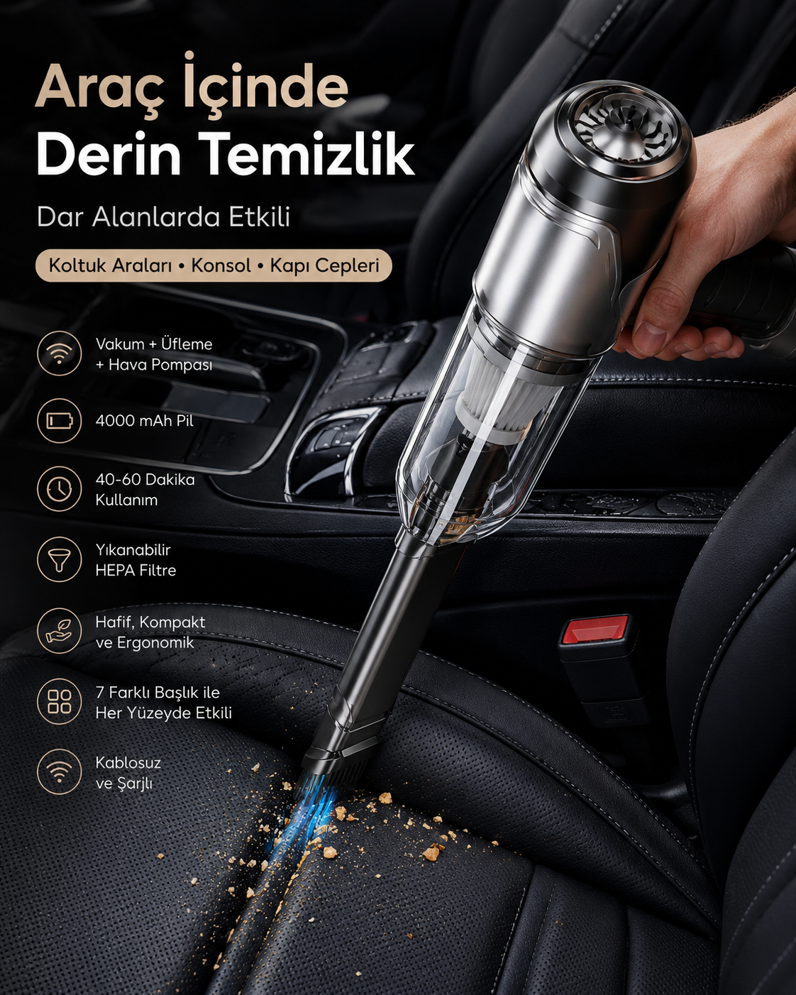 7’si 1 Arada Şarjlı Kablosuz El Süpürgesi – Vakum, Üfleme ve Hava Pompası Özellikli Mini Süpürge