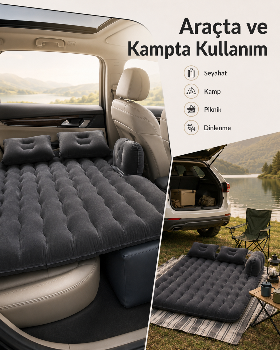 Şişme Araç ve Kamp Yatağı Seti – Elektrikli Pompalı, 2 Yastıklı ve Taşıma Çantalı Araba Yatağı