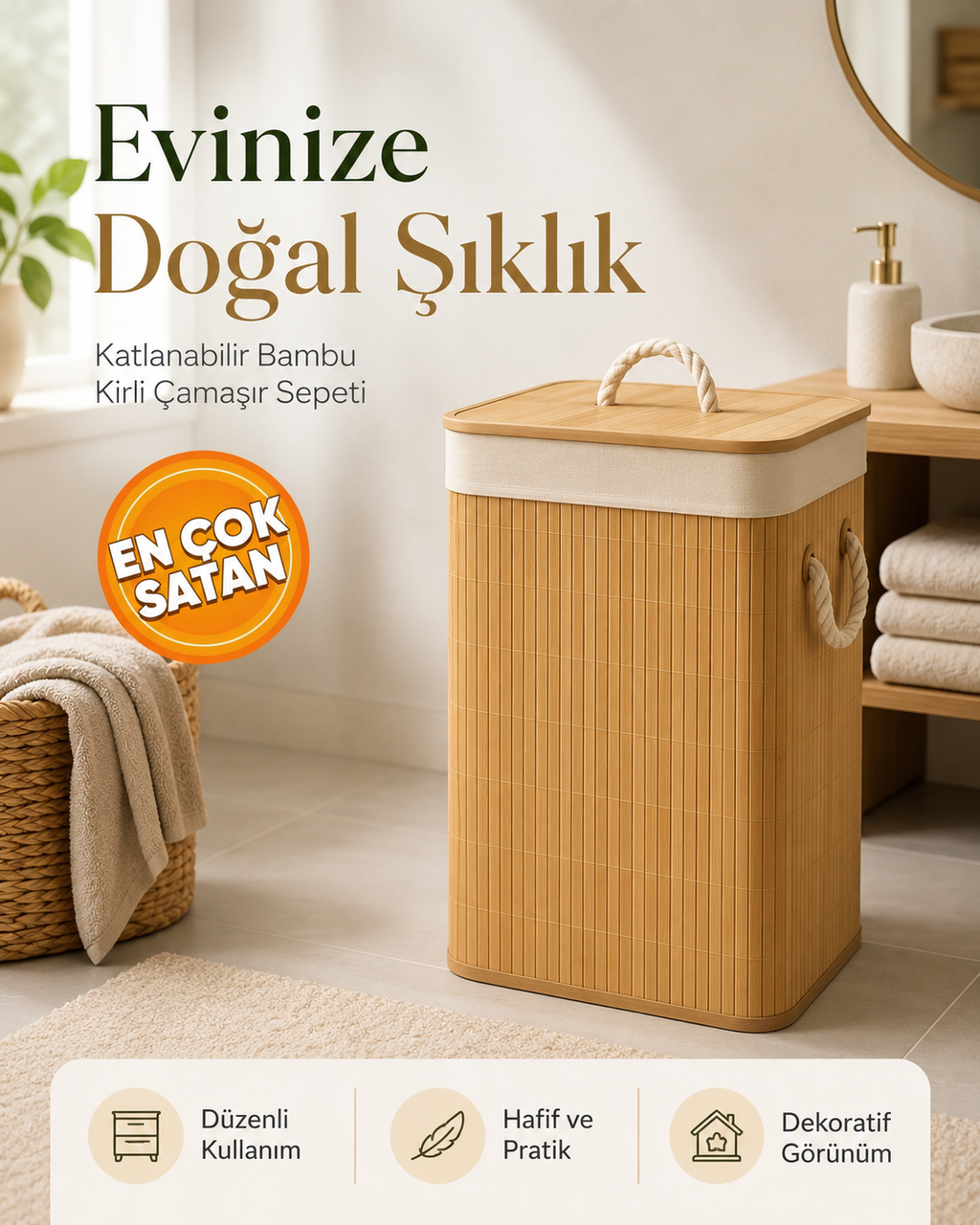 Bambu Katlanabilir Kirli Çamaşır Sepeti – Kapaklı ve Kumaş İç Hazneli Dekoratif Sepet