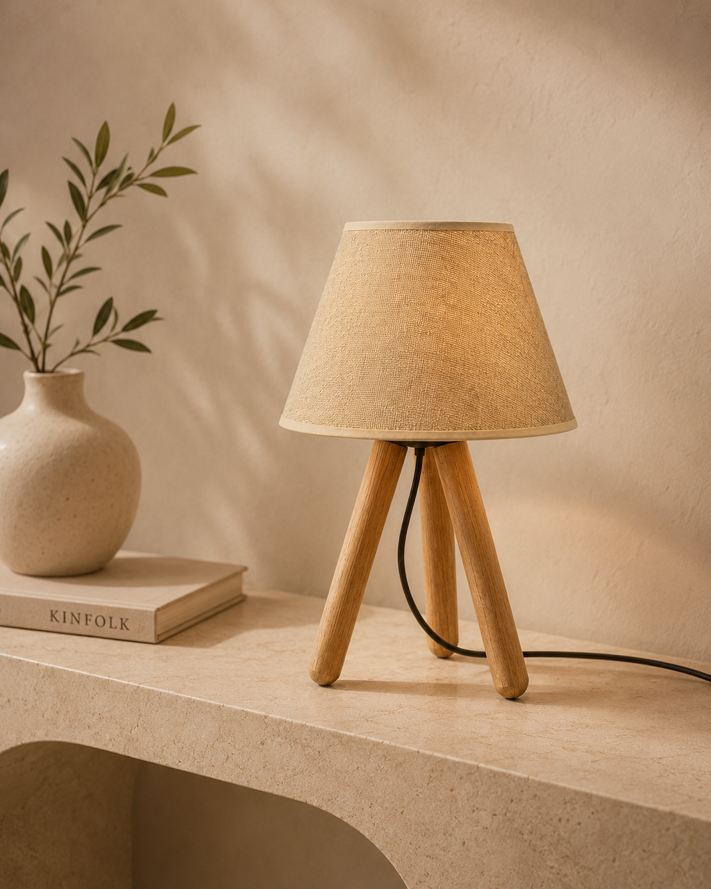 Ahşap Ayaklı Kumaş Başlıklı Abajur 32 cm – Kum Beji Dekoratif Masa Lambası