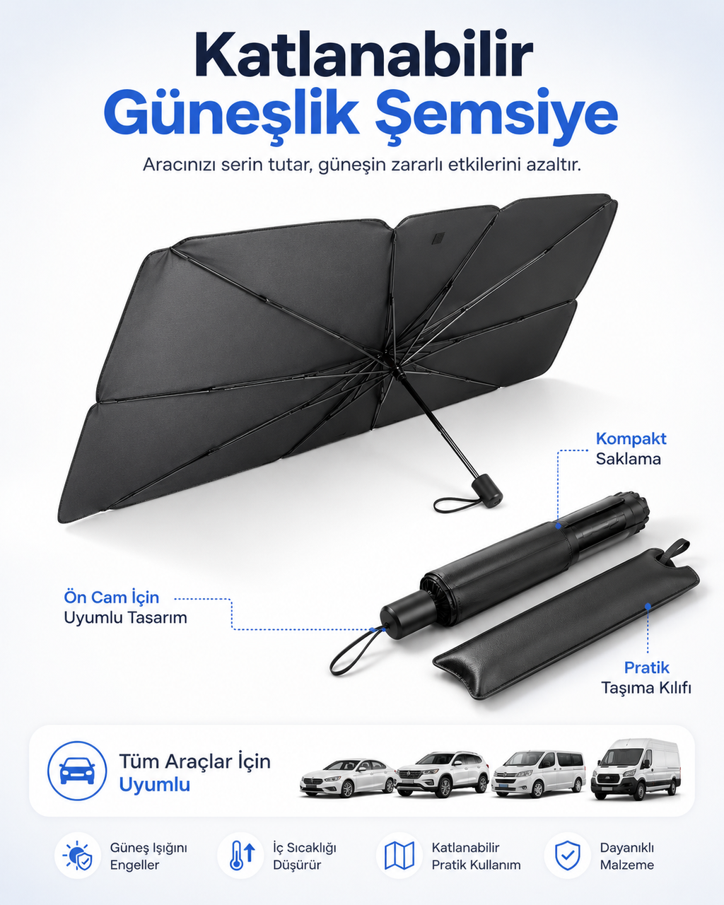 Katlanabilir Araba Ön Cam Güneşliği – Şemsiye Tipi Araç İçi Gölgelik