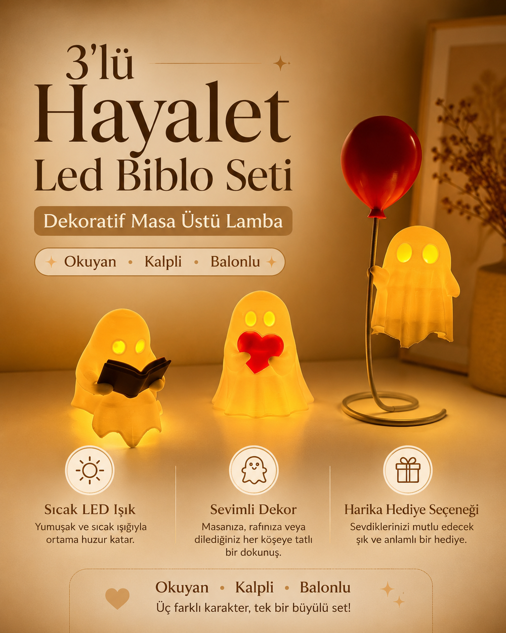 3’lü Hayalet LED Biblo Seti – Sıcak Işıklı Dekoratif Masa Üstü Lamba