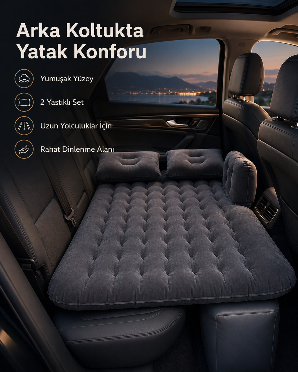 Şişme Araç ve Kamp Yatağı Seti – Elektrikli Pompalı, 2 Yastıklı ve Taşıma Çantalı Araba Yatağı