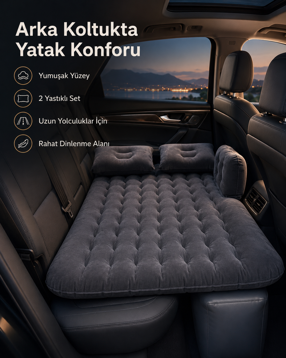 Şişme Araç ve Kamp Yatağı Seti – Elektrikli Pompalı, 2 Yastıklı ve Taşıma Çantalı Araba Yatağı