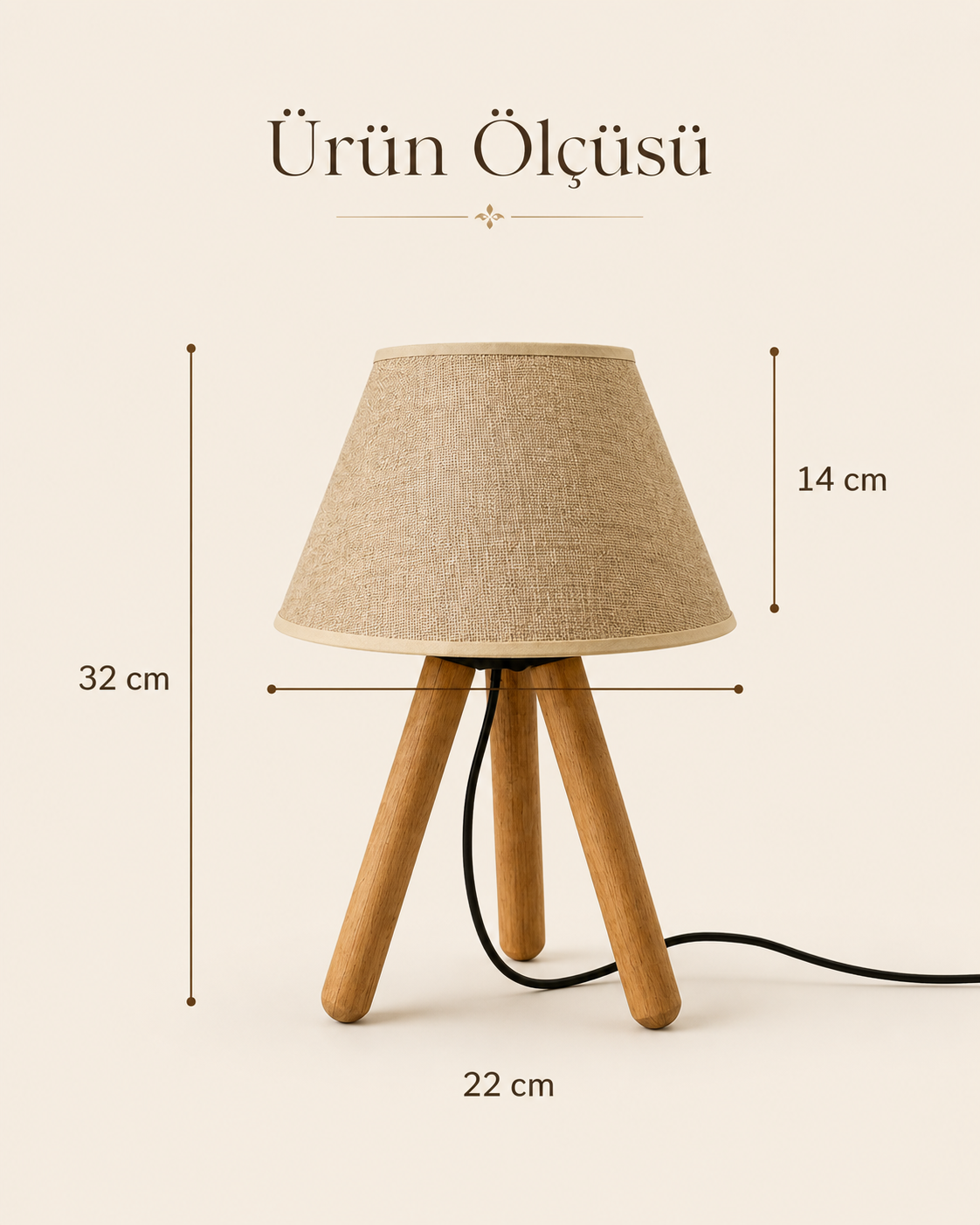 Ahşap Ayaklı Kumaş Başlıklı Abajur 32 cm – Kum Beji Dekoratif Masa Lambası