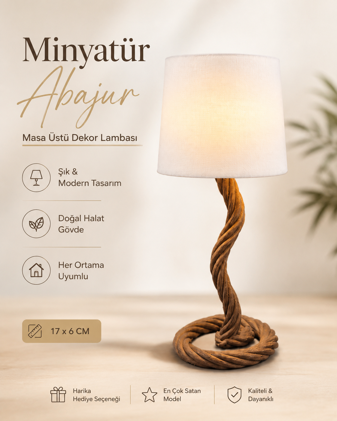 Halat Tasarımlı Minyatür Abajur 17x6 cm – Sıcak Işıklı Masa Üstü Dekoratif Lamba