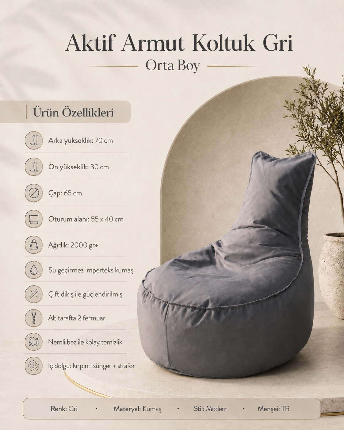 Armut Koltuk Orta Boy – Su Geçirmez Kumaş Modern Rahat Puf Koltuk