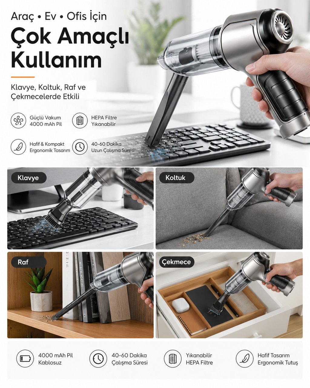 7’si 1 Arada Şarjlı Kablosuz El Süpürgesi – Vakum, Üfleme ve Hava Pompası Özellikli Mini Süpürge
