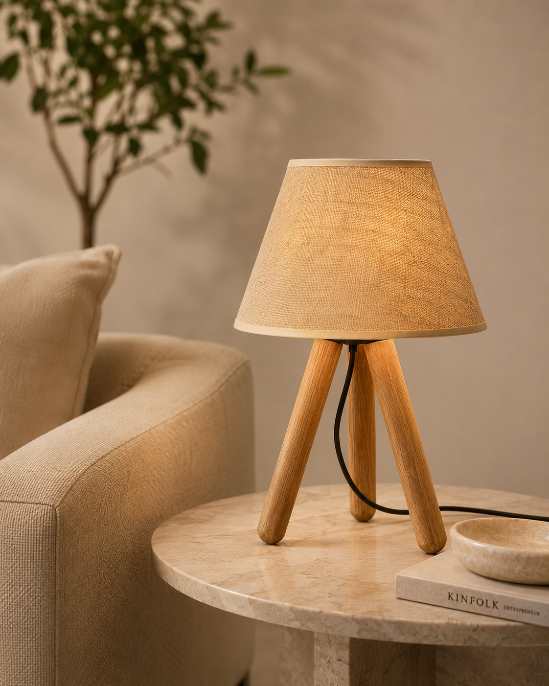 Ahşap Ayaklı Kumaş Başlıklı Abajur 32 cm – Kum Beji Dekoratif Masa Lambası