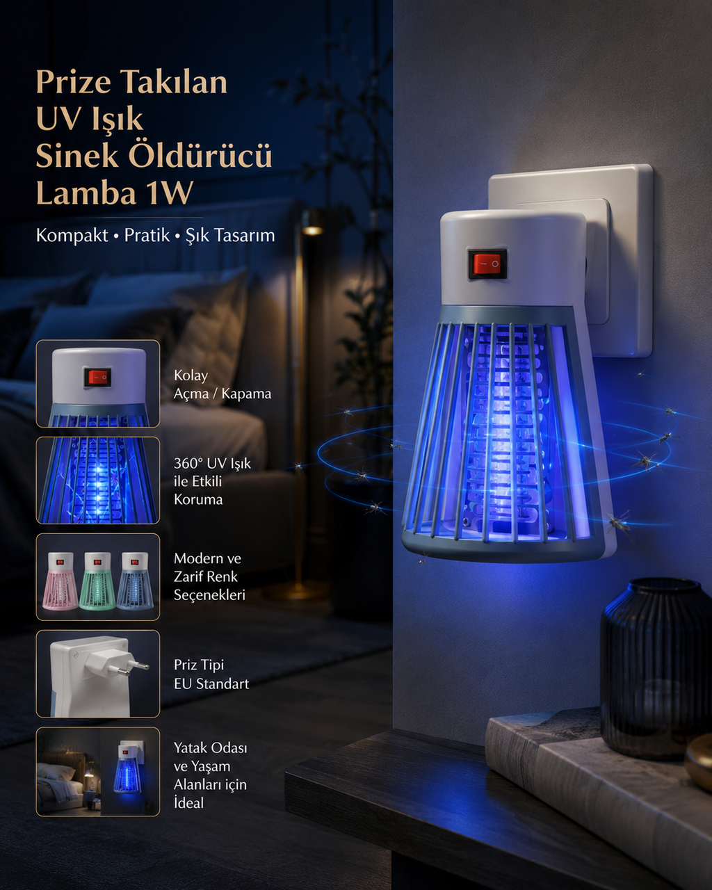 Prize Takılan UV Işıklı Sinek Öldürücü Lamba 1W – Kompakt Elektrikli Haşere Kovucu
