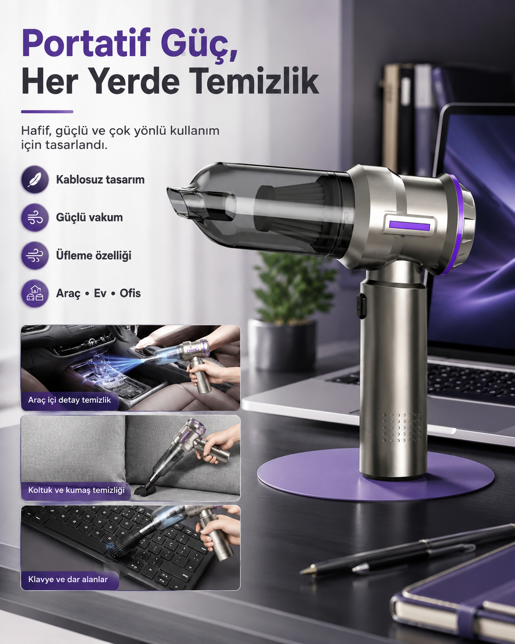 Çok Amaçlı Kablosuz Mini El Süpürgesi – Vakum ve Üfleme Özellikli Portatif Araç, Ev ve Ofis Süpürgesi