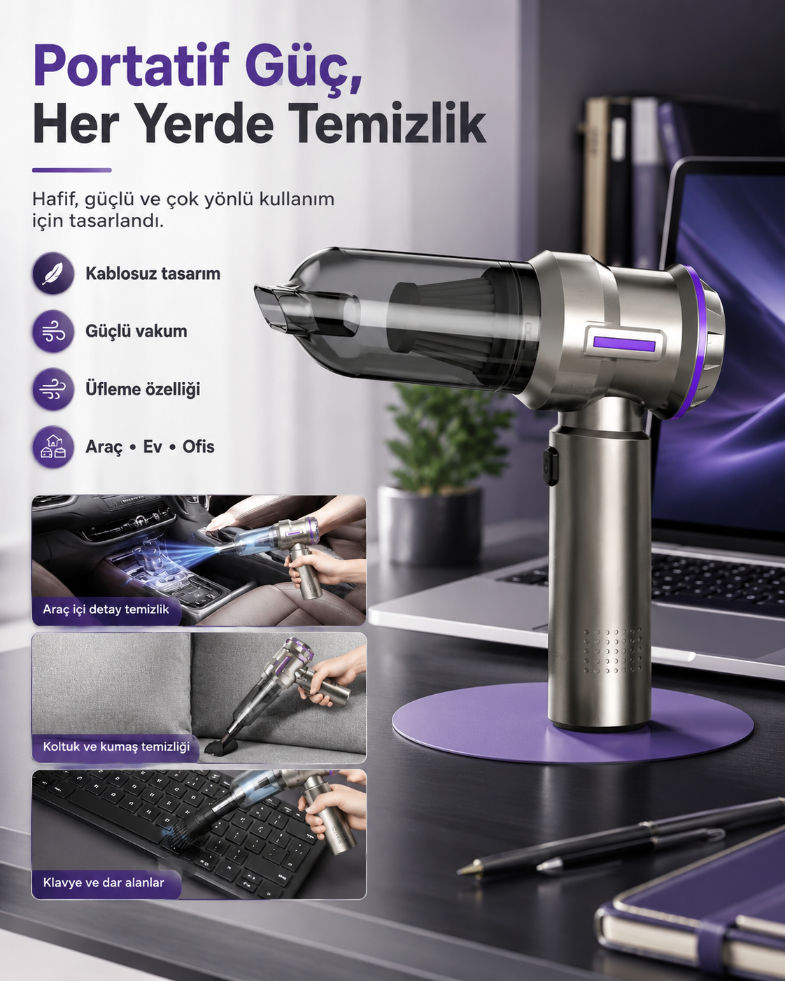 Çok Amaçlı Kablosuz Mini El Süpürgesi – Vakum ve Üfleme Özellikli Portatif Araç, Ev ve Ofis Süpürgesi