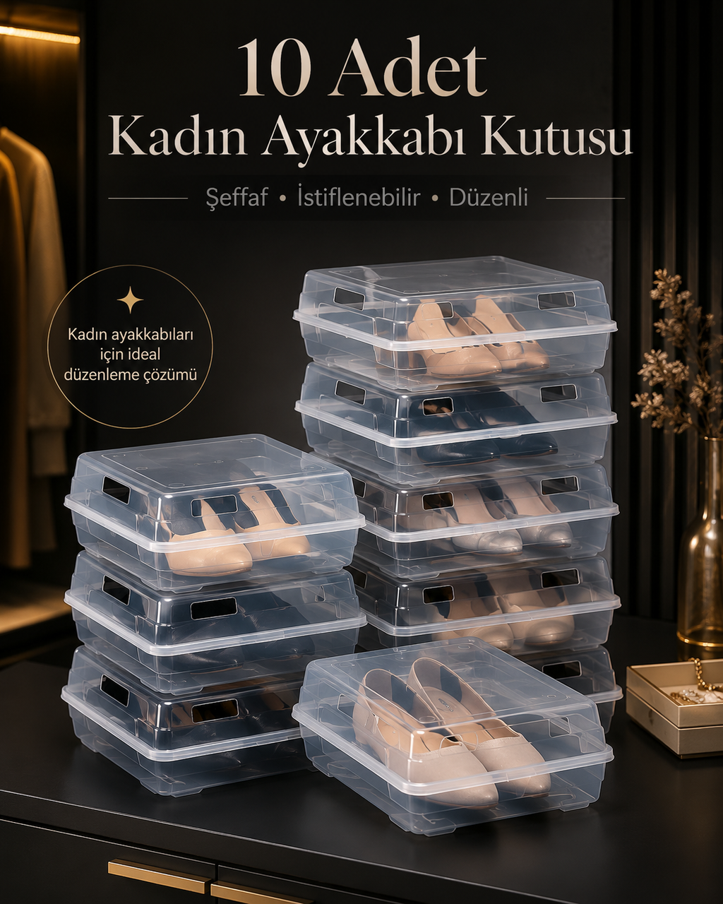 10’lu Şeffaf Ayakkabı Kutusu Seti – Hava Kanallı İstiflenebilir Kadın Ayakkabı Organizeri