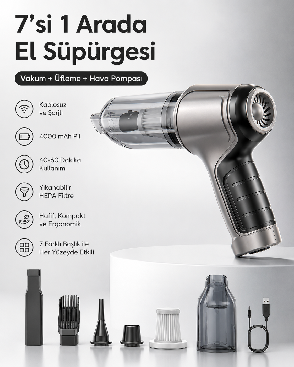 7’si 1 Arada Şarjlı Kablosuz El Süpürgesi – Vakum, Üfleme ve Hava Pompası Özellikli Mini Süpürge